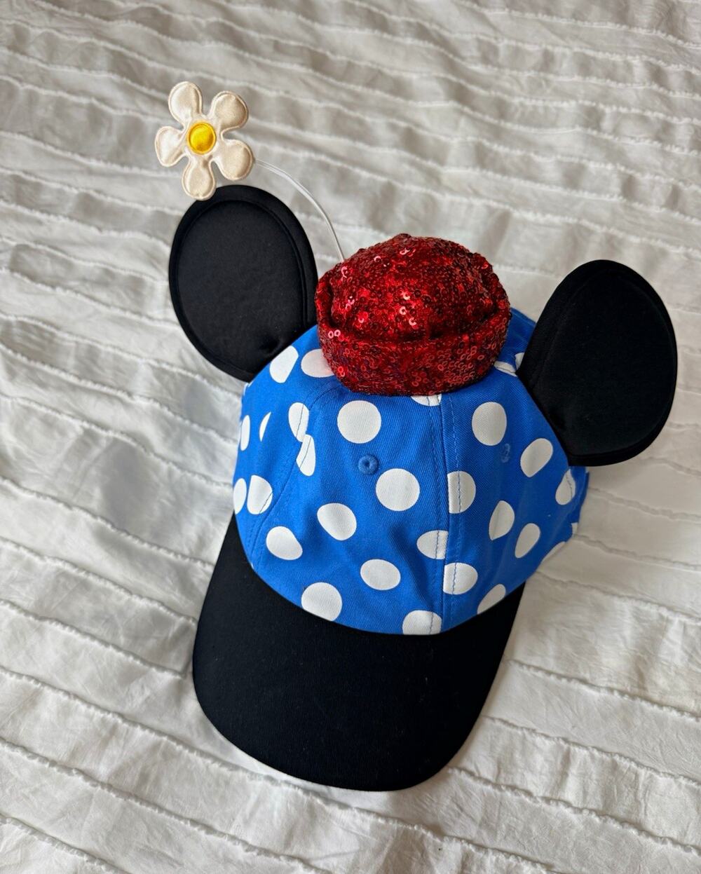 Disney Minnie Mouse Ears Baseball Cap Blue White Polka Dots Red Sequin Bow